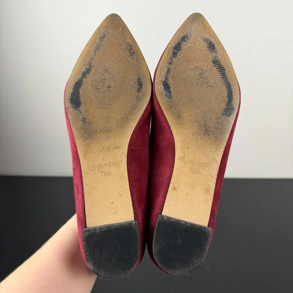 Nine West Abay Loafer Women 7.5M Burgundy Suede Pointed Toe Slip On Flats Career